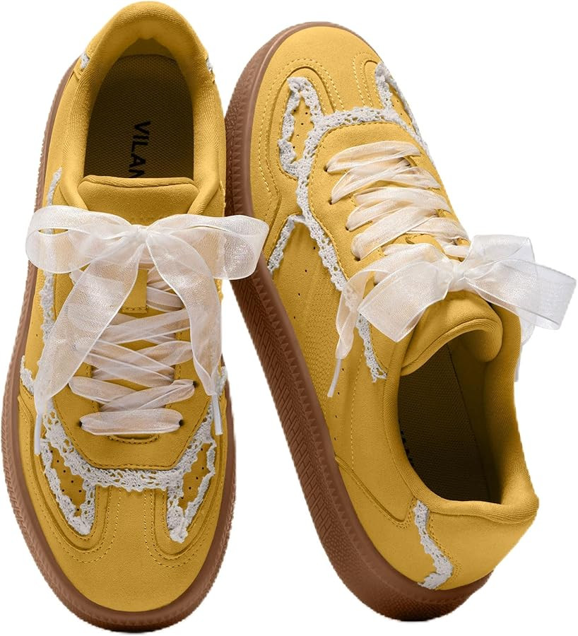 Vilanva Women's Lace Detail Fashion Sneakers Comfortable Casual Dress Sneakers with Retro Gum Sol... | Amazon (US)