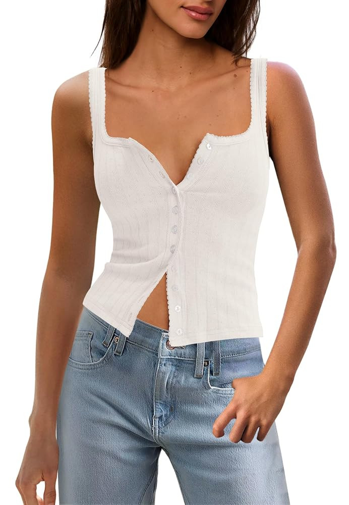 Panadila Womens Ribbed Square Neck Tank Top Summer Button Down Tanks Sleeveless Knit Tops Going O... | Amazon (US)
