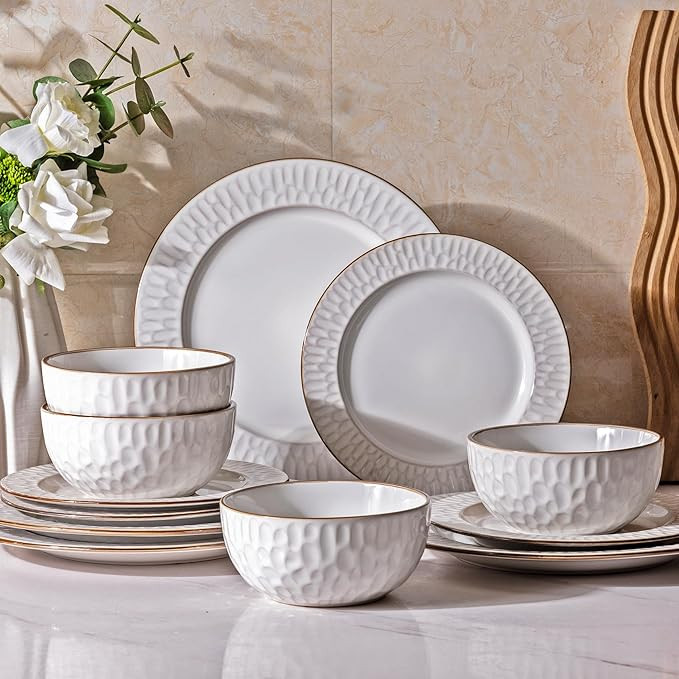 Ceramic Dinnerware Sets, Embossed Elegant Stoneware Plates and Bowls Sets, Housewarming Wedding G... | Amazon (US)