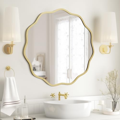 WallBeyond Round Wavy Mirror for Wall Decorative 24 inch, Modern Round Mirror Aluminum Frame for Bathroom Bedroom Living Room Home House Office Entryway, Gold | Amazon (US)