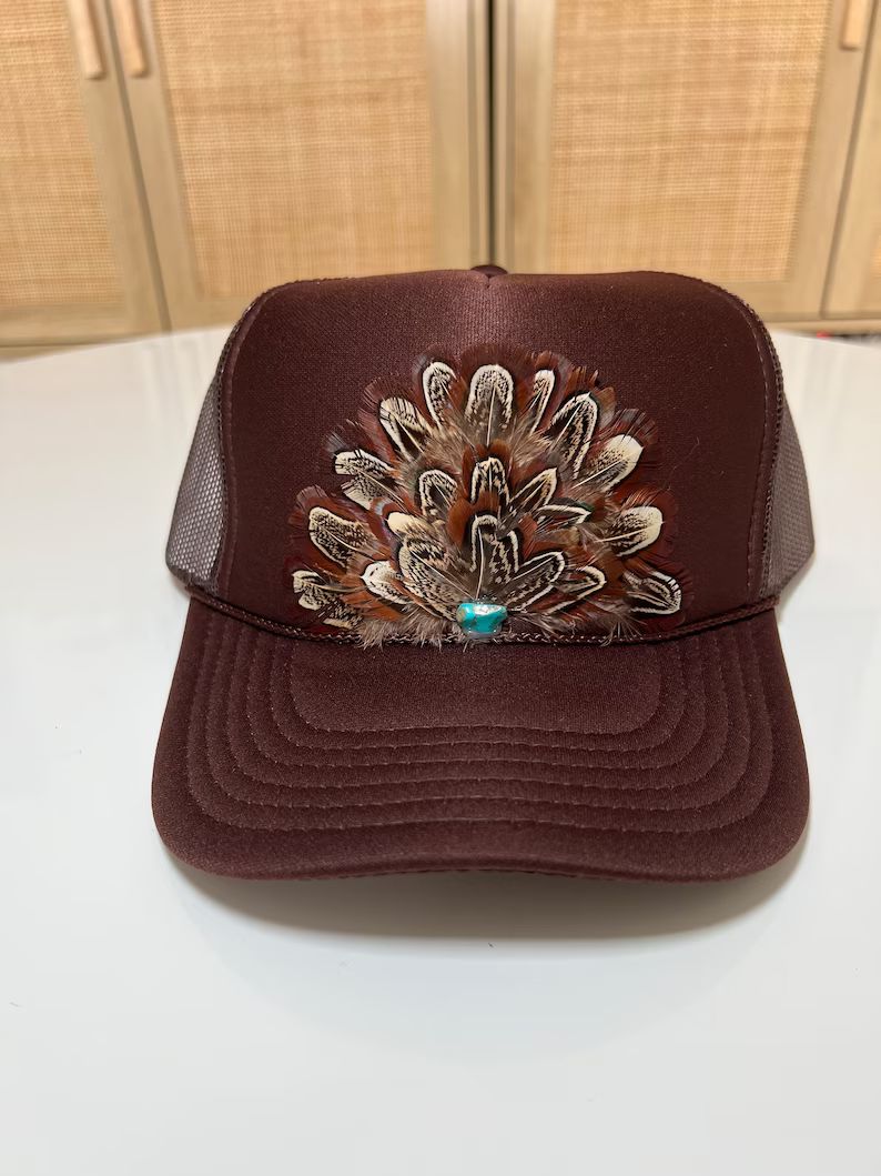 FEATHER Trucker Hat Turquoise Stone Embellished Trucker Hat Brown | Etsy (US)