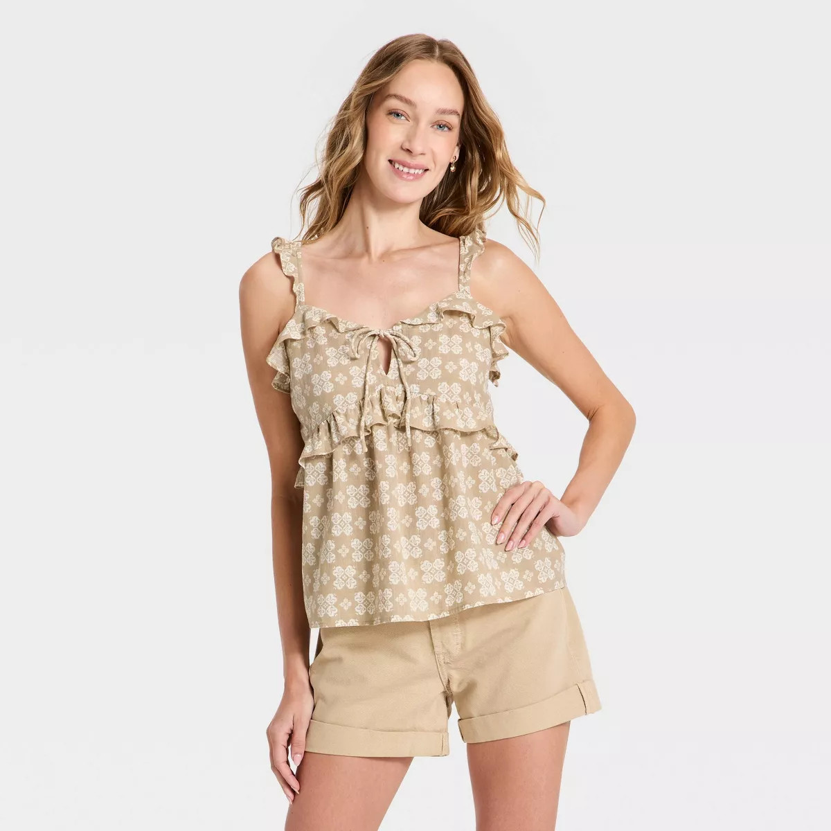 Women's Ruffle V-Neck Cami - Universal Thread™ Taupe Mosaic XS | Target
