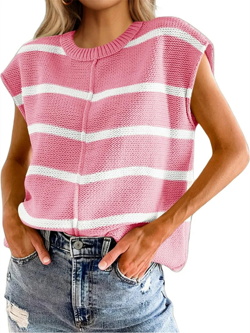 Women's Pullover Knit Sweater Vest Cover Sleeve Vest Striped Round Neck Casual Loose Tops | Walmart (US)