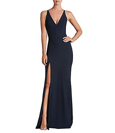 Dress the Population Iris Crepe Plunge V-Neck Thigh High Slit Sleeveless Gown - S | Dillard's