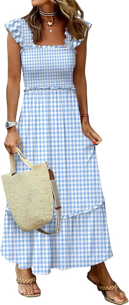 ANRABESS Womens Summer Sleeveless Maxi Dress Square Neck Smocked Boho Casual Ruffle Strap Flowy A... | Amazon (US)