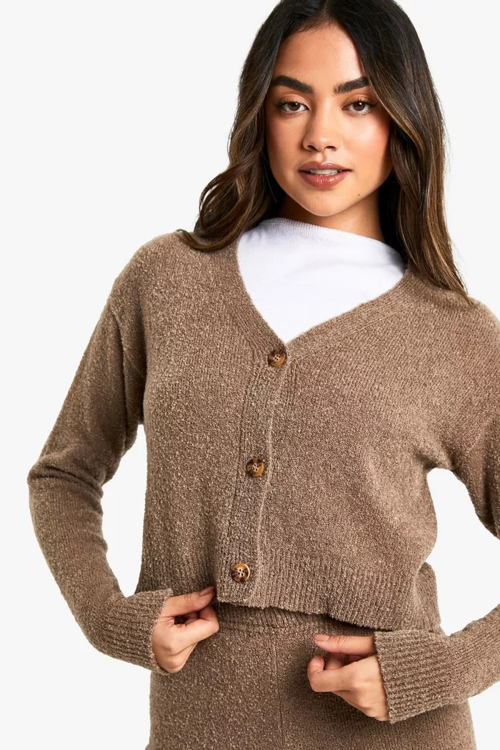 Soft Knit V Neck Cardigan and Wide Leg Knitted Co-Ord | boohoo (US & Canada)