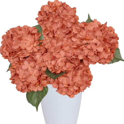 6PCS Burnt Orange Hydrangea Artificial Flowers, Fall Silk Faux Hydrangea | Amazon (US)