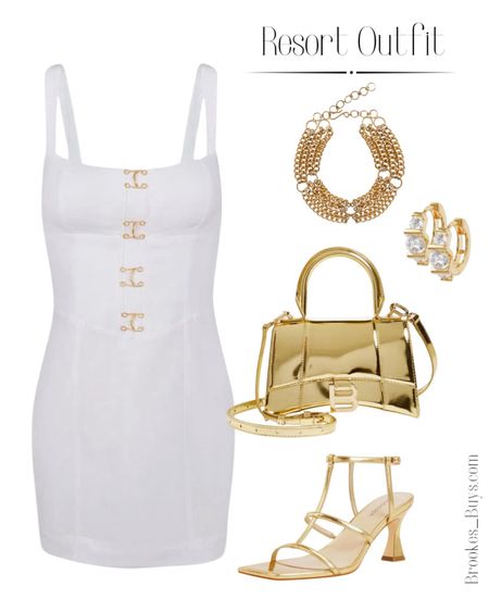 I love this white dress with the gold accents. The gold shoes and accessories are the perfect look for a night out. #resortoutfit #summeroutfit #whitedress 

#LTKSeasonal #LTKItBag #LTKParties