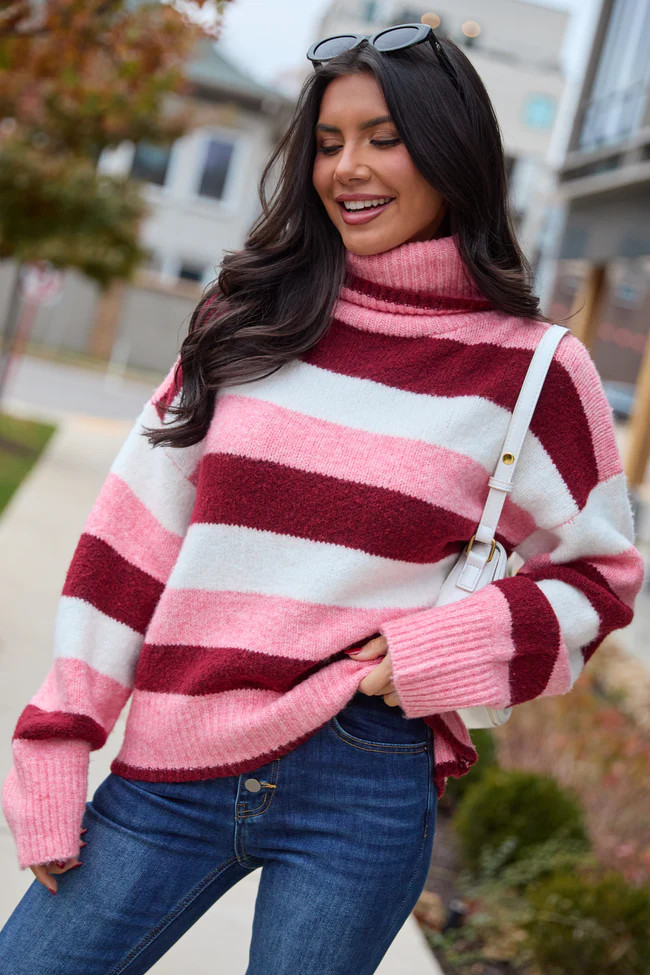 Shaylee Pink And Berry Stripe Turtleneck Sweater SALE | Pink Lily