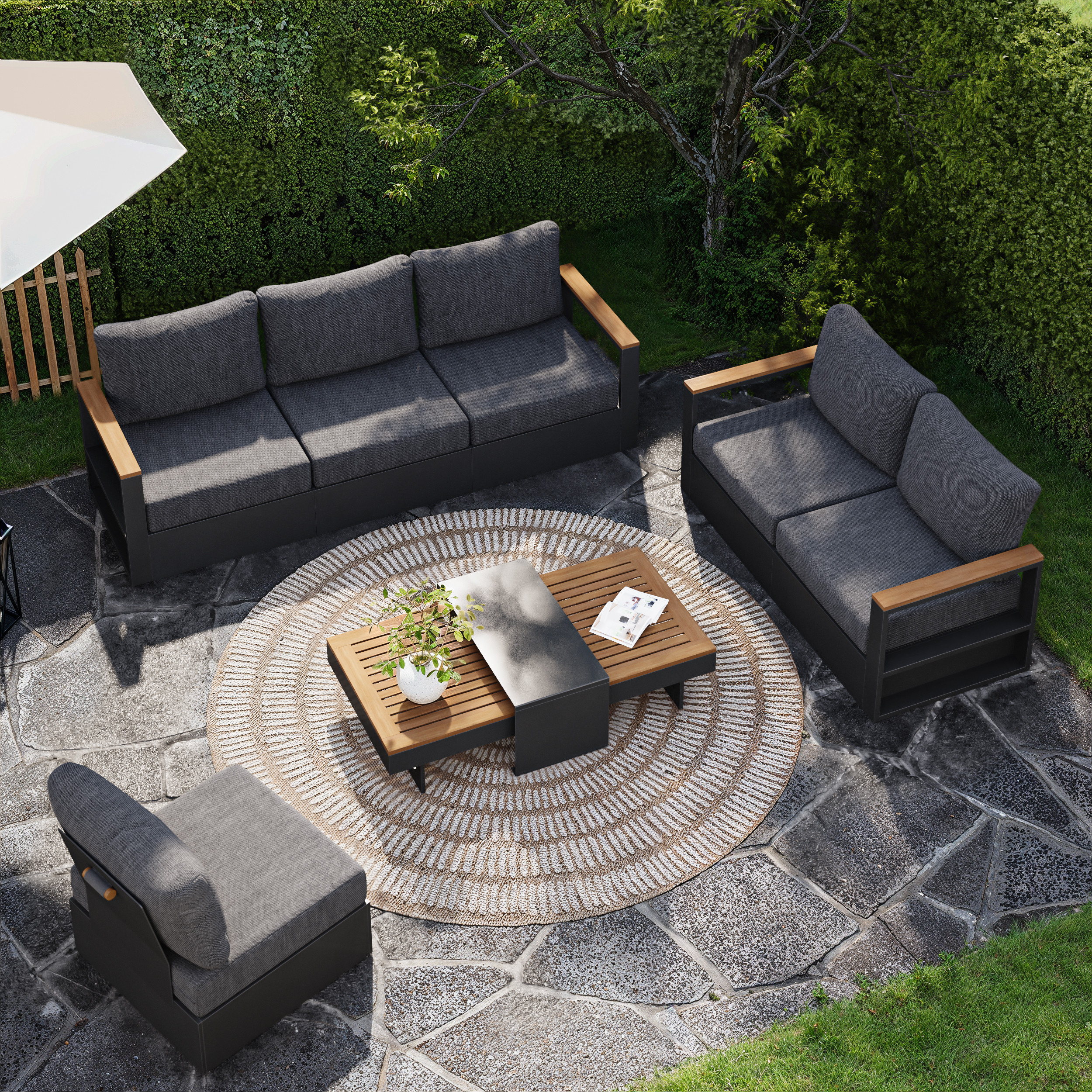 Modern Outdoor Sectional Sofa Set with Wood & Aluminum Frame 4-Piece in Gray | Homary