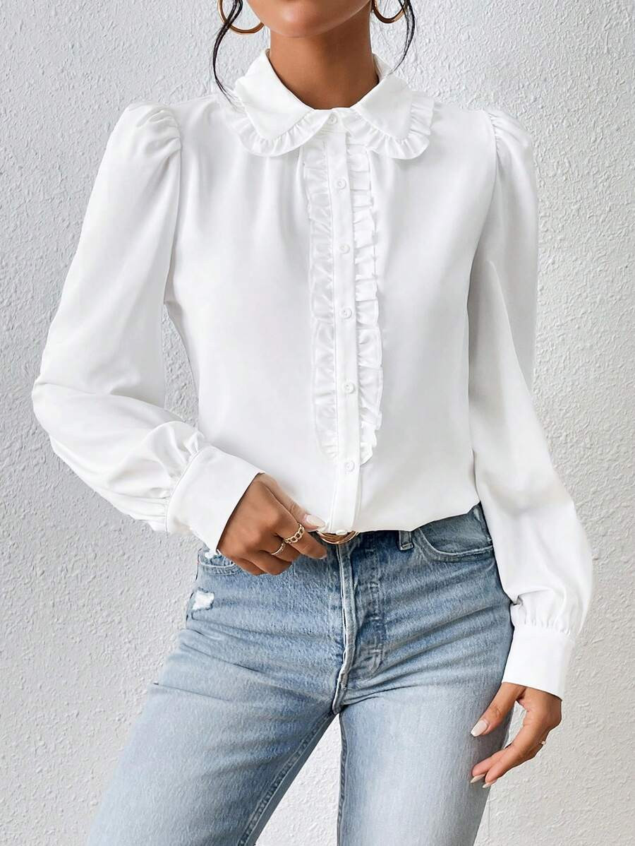 SHEIN Privé White Frill Trim Puff Sleeve Women Shirts,Long Sleeve Tops | SHEIN