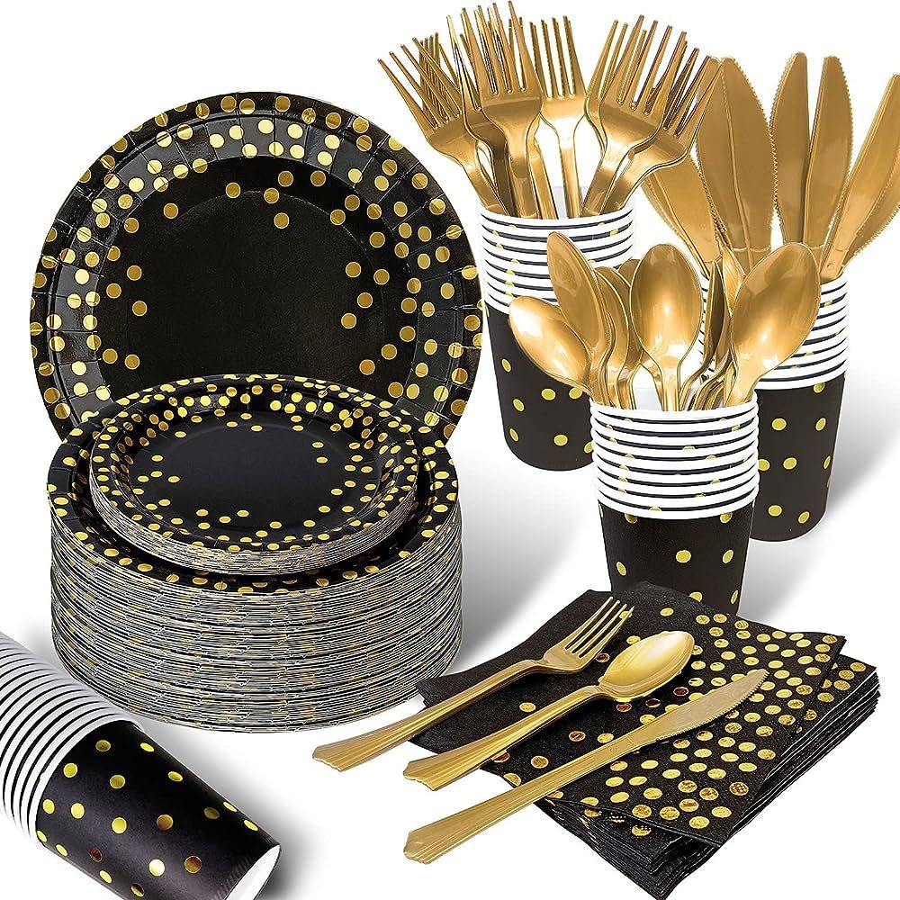 175PCS Black and Gold Party Supplies, Severs 25 Disposable Dinnerware, Gold Plastic Forks Knives ... | Amazon (US)