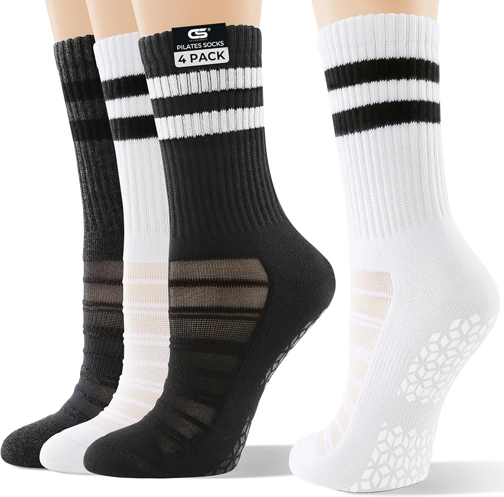 CS CELERSPORT Pilates Socks for Women, 4 Pairs Yoga Crew Non Slip Grip Socks for Barre Hospital G... | Amazon (US)