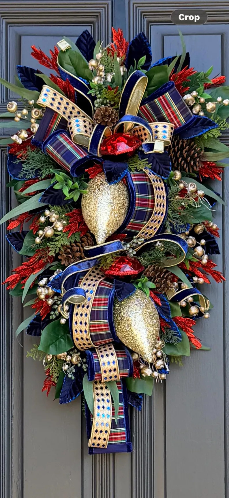 XL Handmade Christmas Door Swag | Navy, Gold, Plaid Ribbon - Etsy | Etsy (Global)