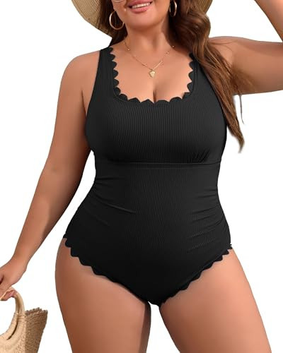 Charmo Plus Size Bathing Suit for Curvy Women One Piece Ribbed Scalloped Tummy Control Ruched Cut Out Swim Suits 2026 Black 2X | Amazon (US)