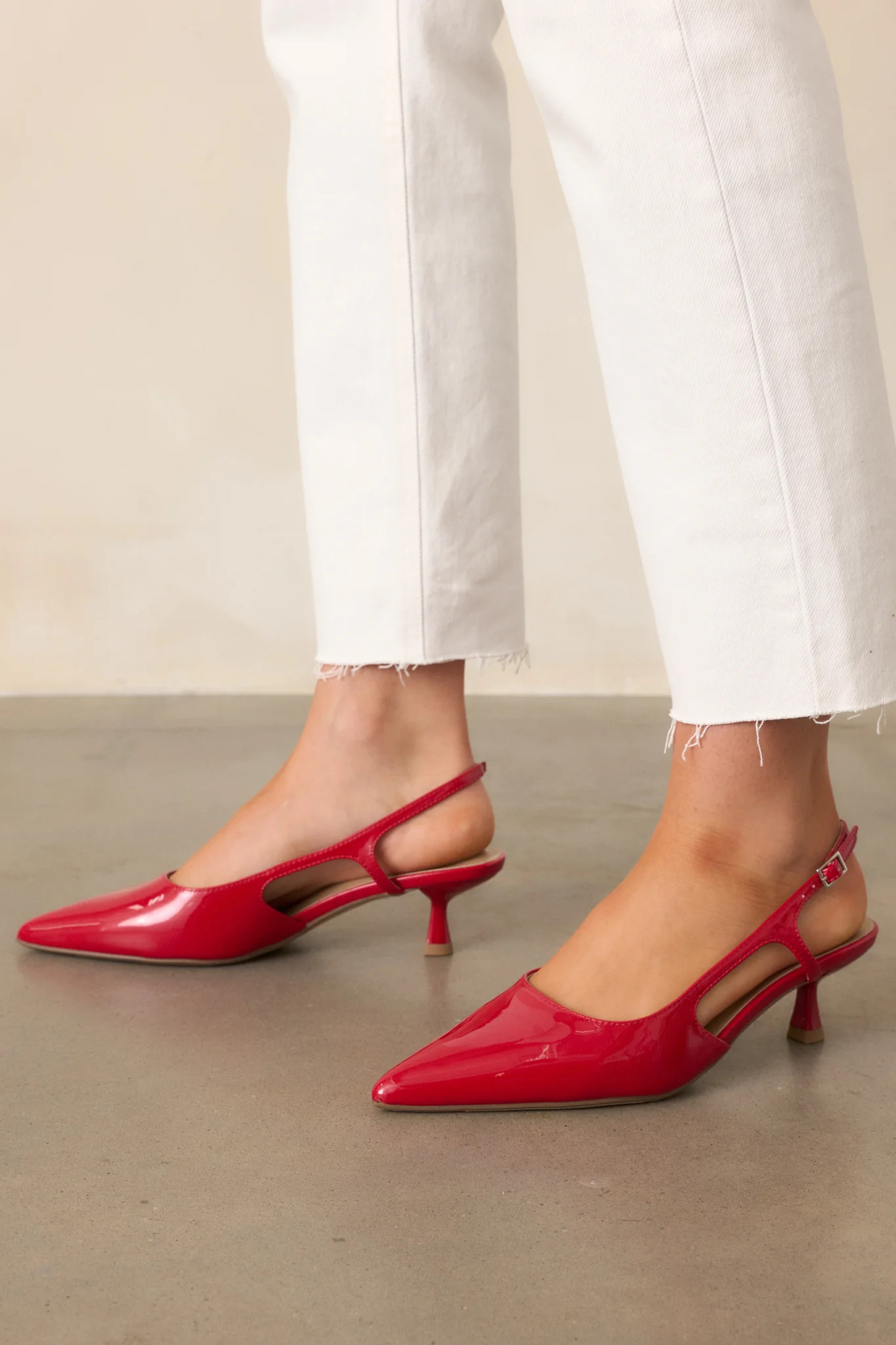 Fiercely Stunned Red Patent Slingback Kitten Heels | Red Dress