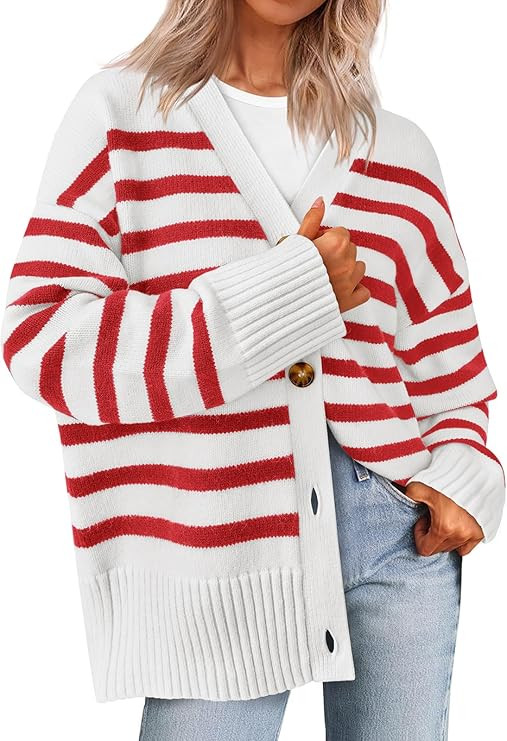 PRETTYGARDEN Women's Long Sleeve Striped Open Front Cardigan Sweaters Button Down Knit Lady Jacke... | Amazon (US)