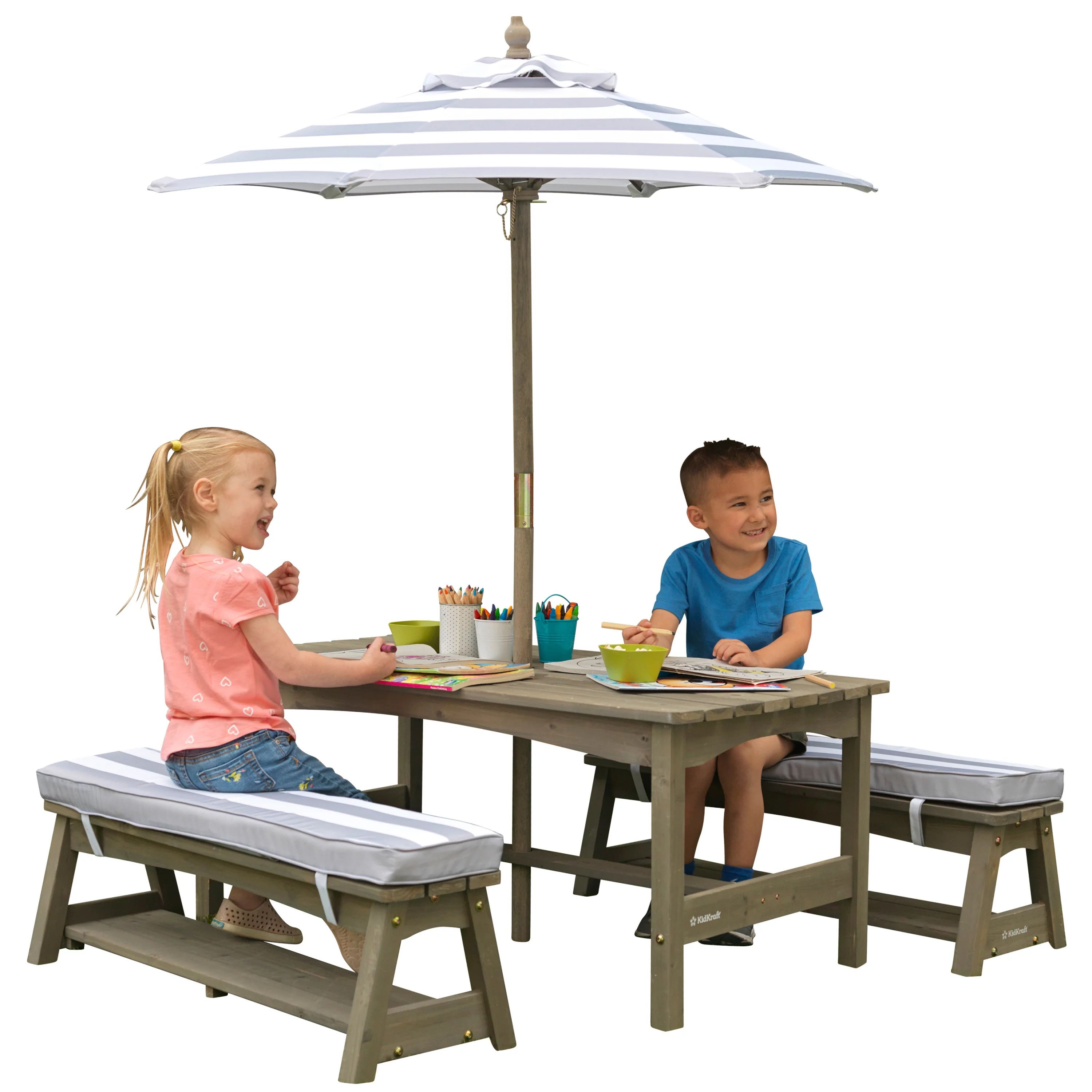 KidKraft Outdoor Table & Bench Set with Cushions and Umbrella, Gray and White Stripes | Walmart (US)