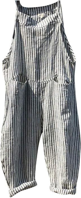 BEAUTYVAN Women Cotton Linen Cropped Pants Overalls Jumpsuits Stripe Poled Distressed Casual Loos... | Amazon (US)
