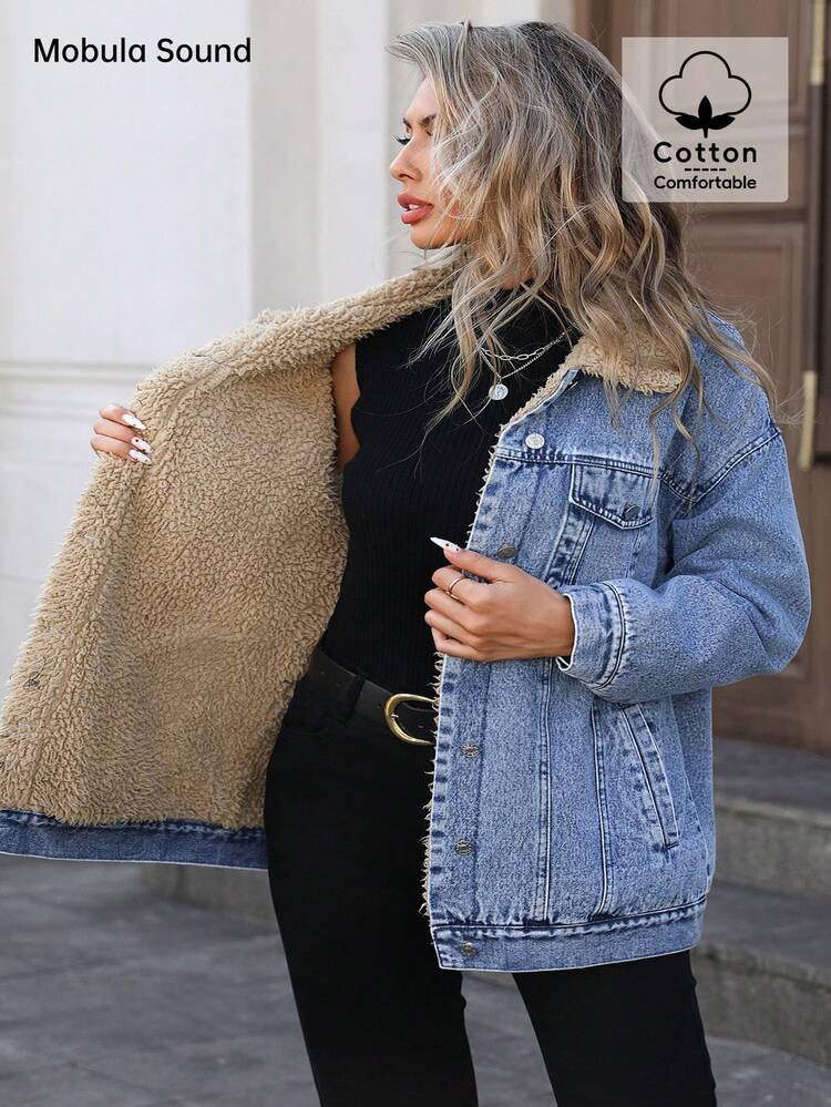 Plus Size Women's Fashionable Denim Blue Y2K Student College Style Thermal Lined Denim Jacket, Versatile For Autumn And Winter | SHEIN