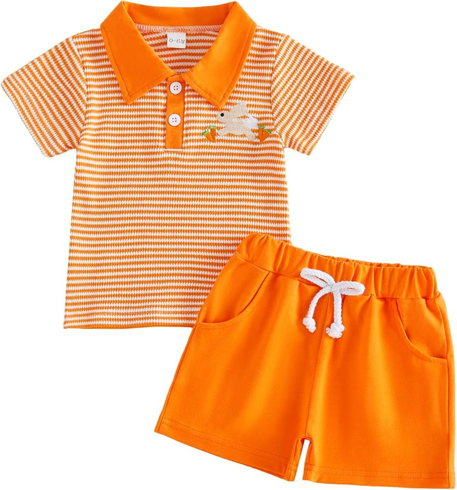 Toddler Boy Easter Outfits Short Sleeve Lapel Collar Bunny Carrot Embroidery Shirt and Elastic Wa... | Amazon (US)