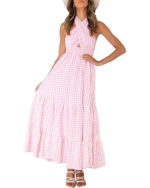 ZESICA Women's Summer Crossover Halter Neck Sleeveless Plaid Cut Out Backless Flowy A Line Maxi D... | Amazon (US)