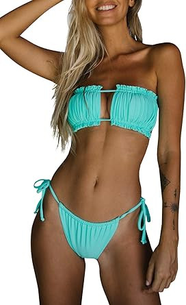 Byoauo Women Bandeau Bikini Top with Tie Side Thong Bottom Bathing Suit | Amazon (US)