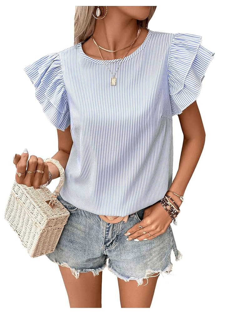 Floerns Women's Striped Print Layered Short Sleeve Round Neck Summer Blouse Top | Amazon (US)