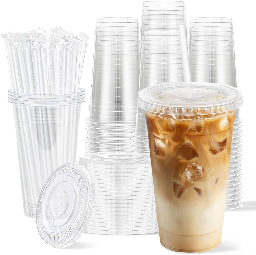 Clawsoff 100 Pack 20 oz Disposable Clear Plastic Cups with Lids and Straws | Amazon (US)
