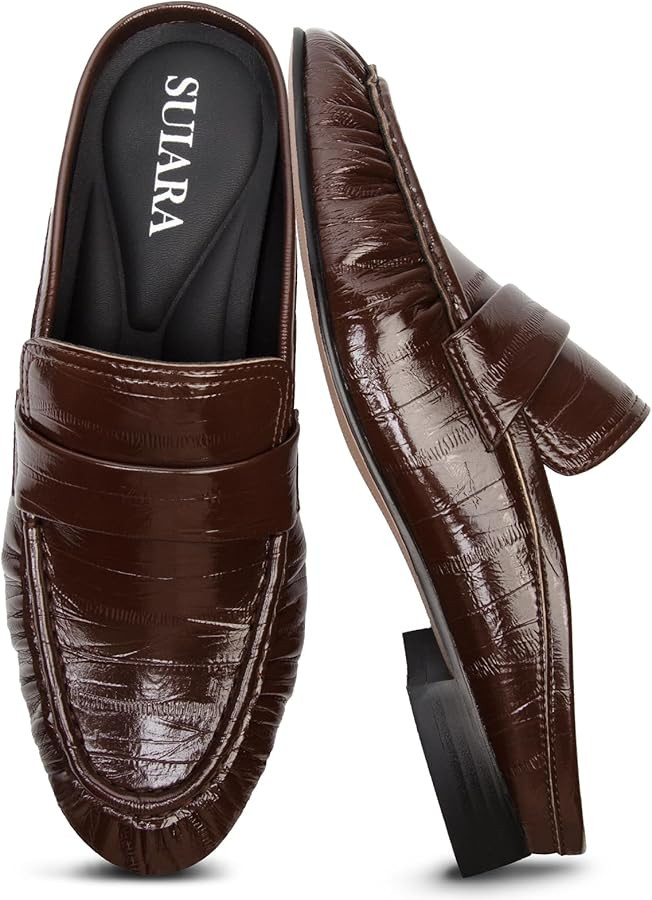 Penny Loafers for Women Chunky Heel Flat Mules Round Toe Slip on Comfortable Loafers Casual Slide... | Amazon (US)