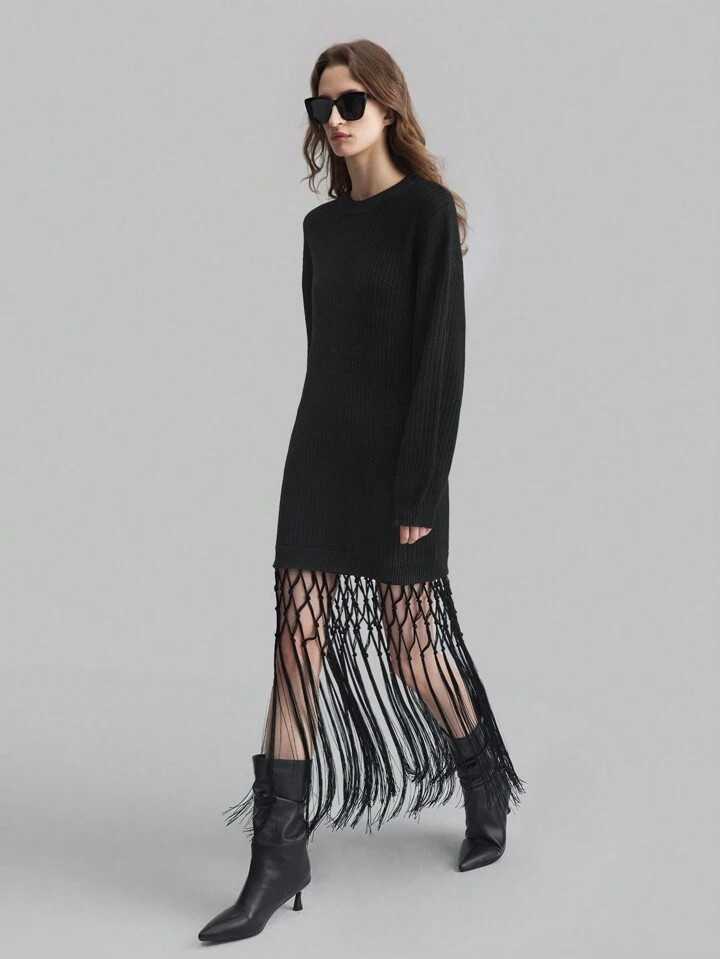 Ontre Fringe Tie Knot Black Business Casual Sweater Dress For Women, Caramel Color Autumn Winter ... | SHEIN