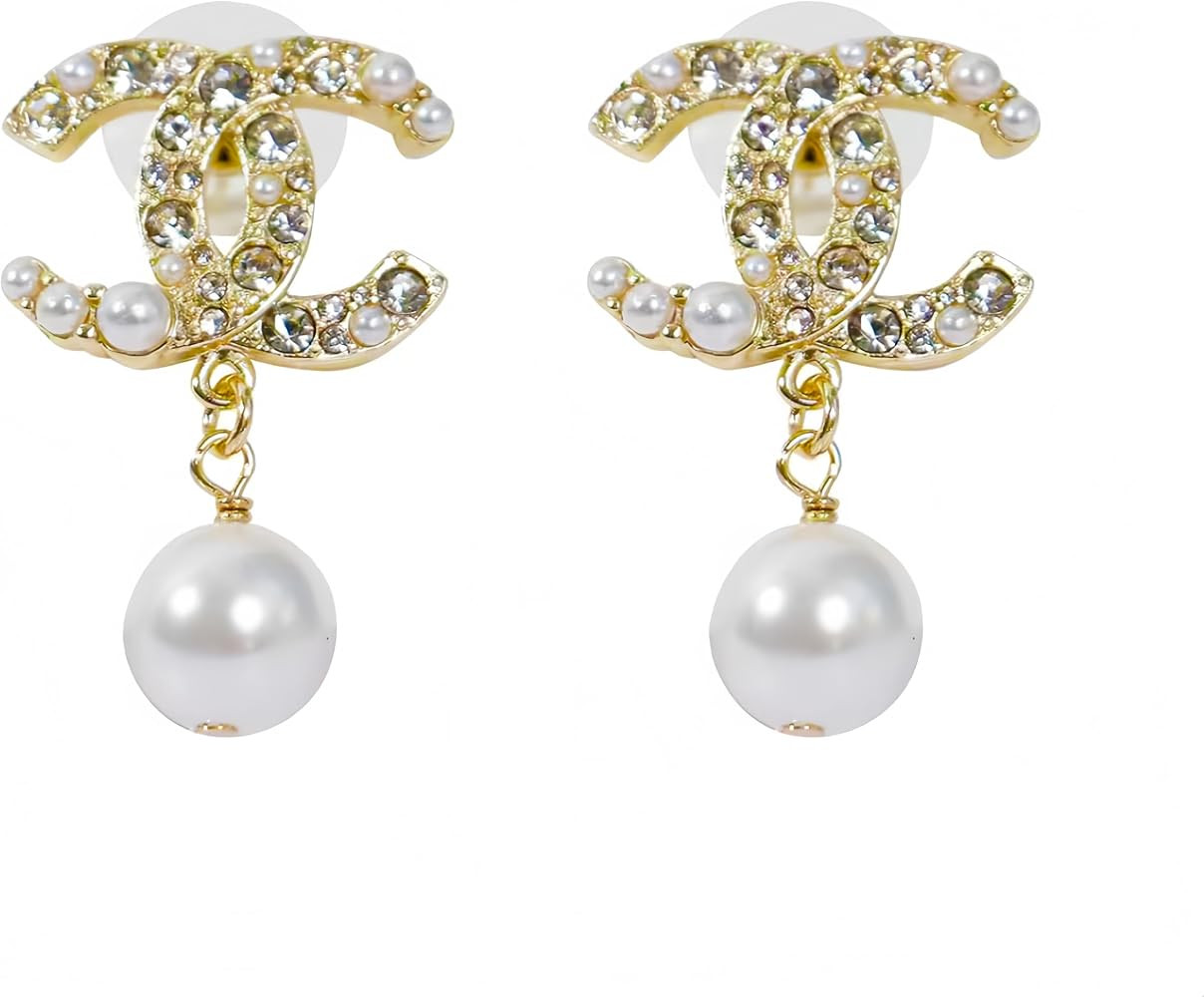 Stahala Luxury Crystal Pearl Drop Earrings, Gold Plated Double Pearl Dangle, Rhinestone Interlock... | Amazon (US)