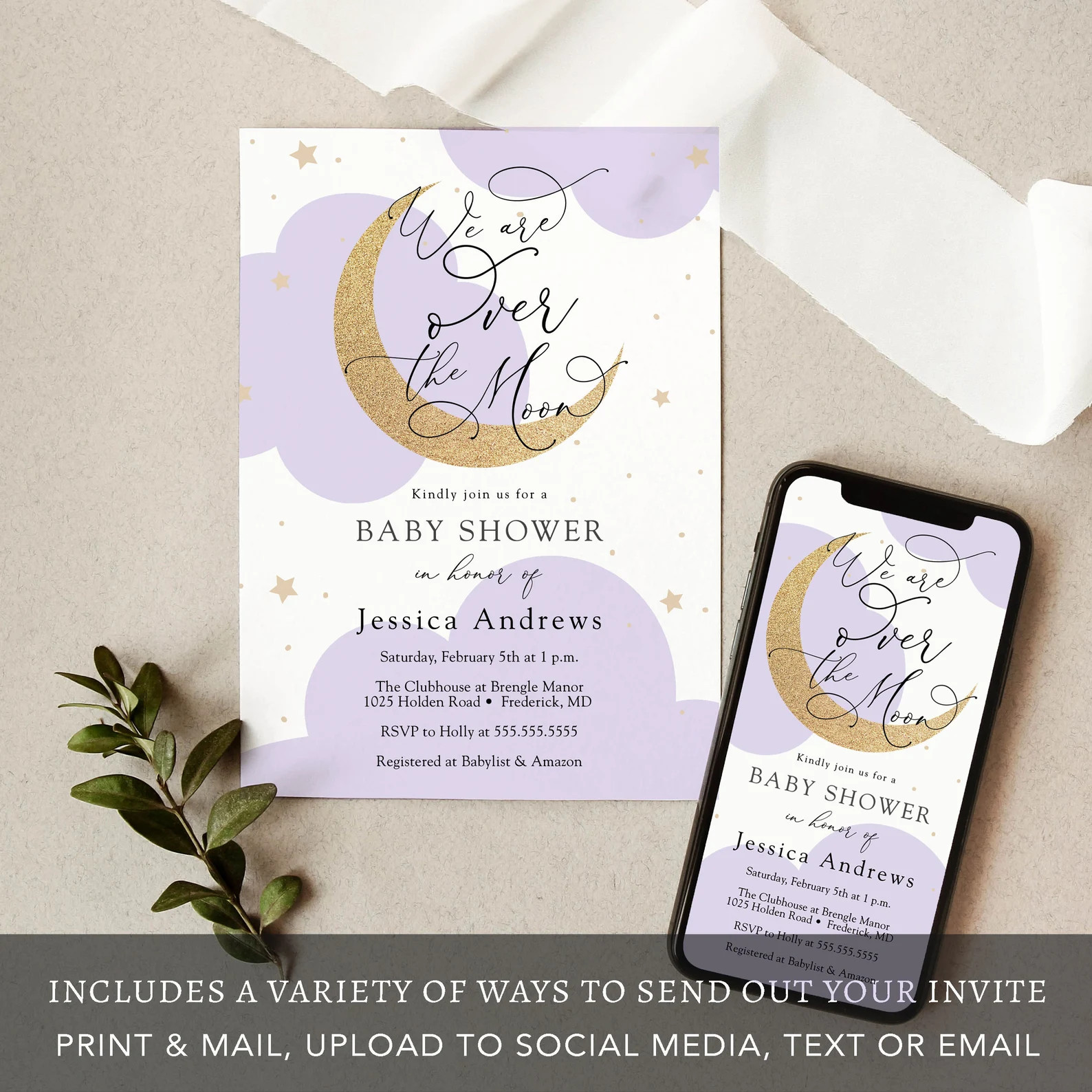 Over the Moon Baby Shower Invitation: Purple and Gold Moon Print Yourself or Send as Evite (insta... | Etsy (US)