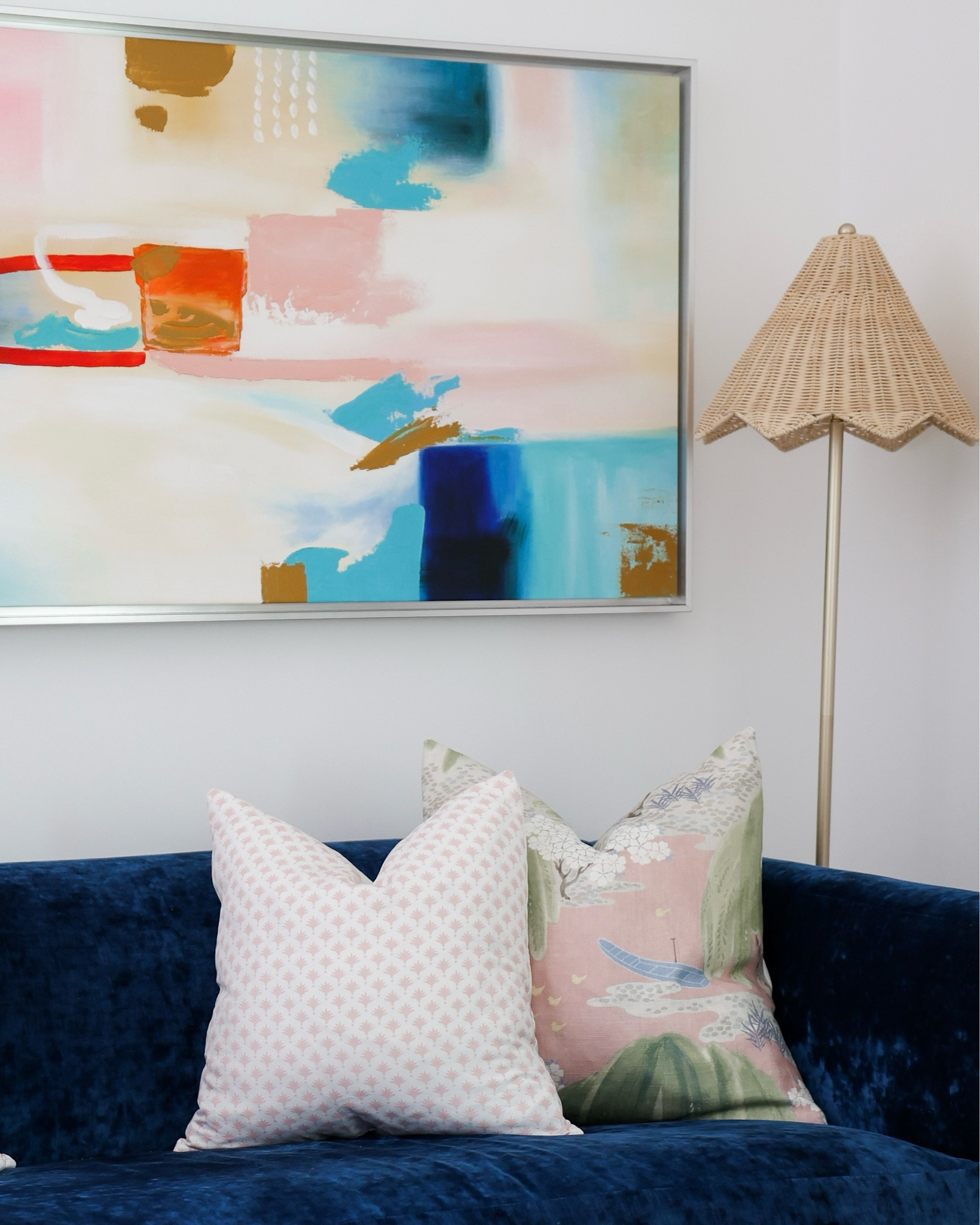 A bit of color for you in baby girl’s nursery! Palm Beach style! Love this rattan lamp and printed pillow covers with the blue velvet sofa!  

#LTKhome #LTKstyletip
