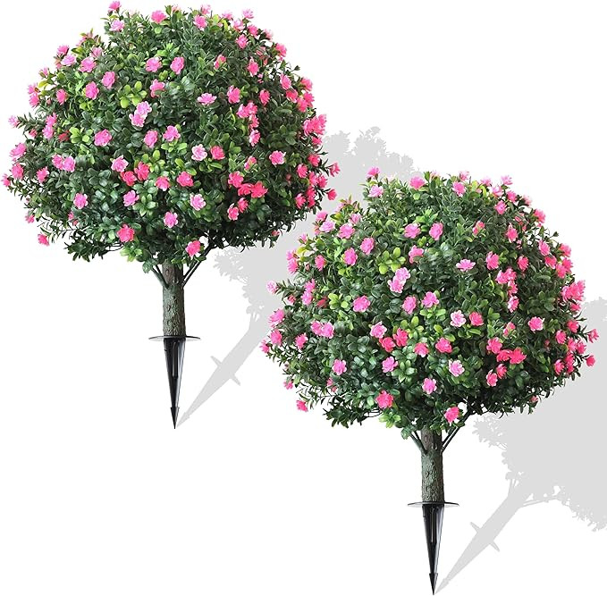 2-Pack Artificial Boxwood Topiary Ball Plant with Pink Flowers, Ground Stake, UV-Resistant Outdoo... | Amazon (US)