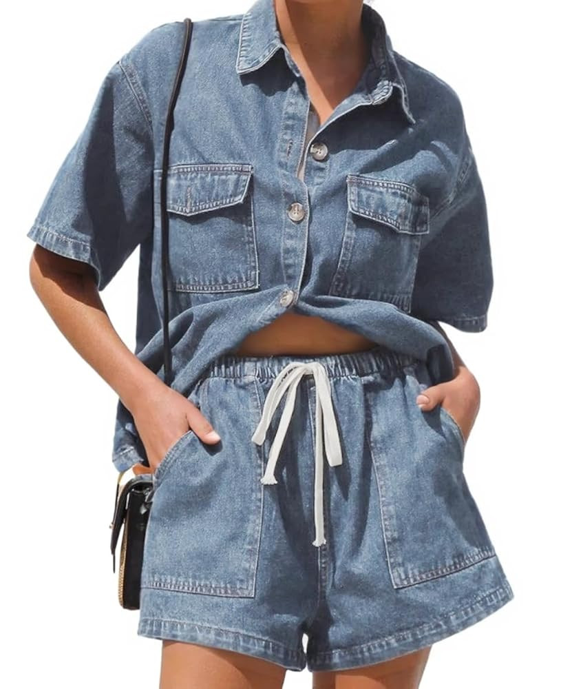 Denim Set for Women 2 Piece Button Down Shirt High Waist Denim Short Set Summer Jean Matching Set... | Amazon (US)