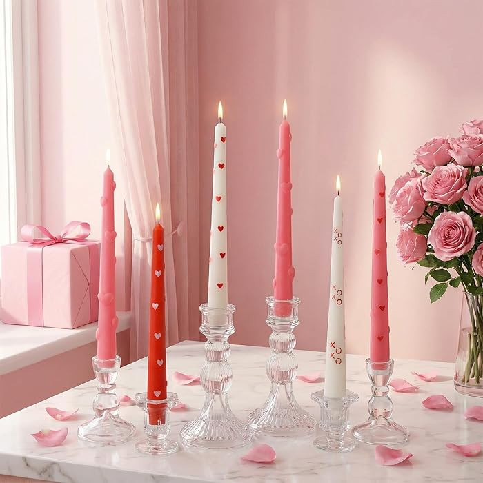 Nuanchu 6 Pcs Valentine Decorative Taper Candles 3D Heart Dripless Candlesticks Pink Red Spiral T... | Amazon (US)