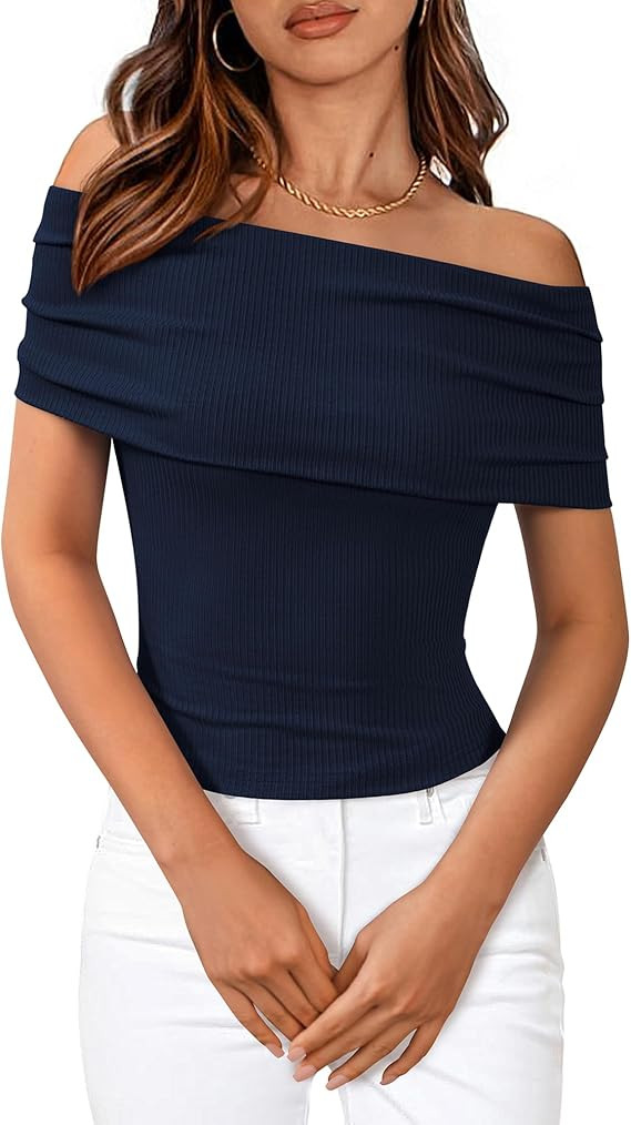 BTFBM Spring Summer Off The Shoulder Tops for Women Trendy 2025 Short Sleeve Shirts Rib Knit Fitt... | Amazon (US)