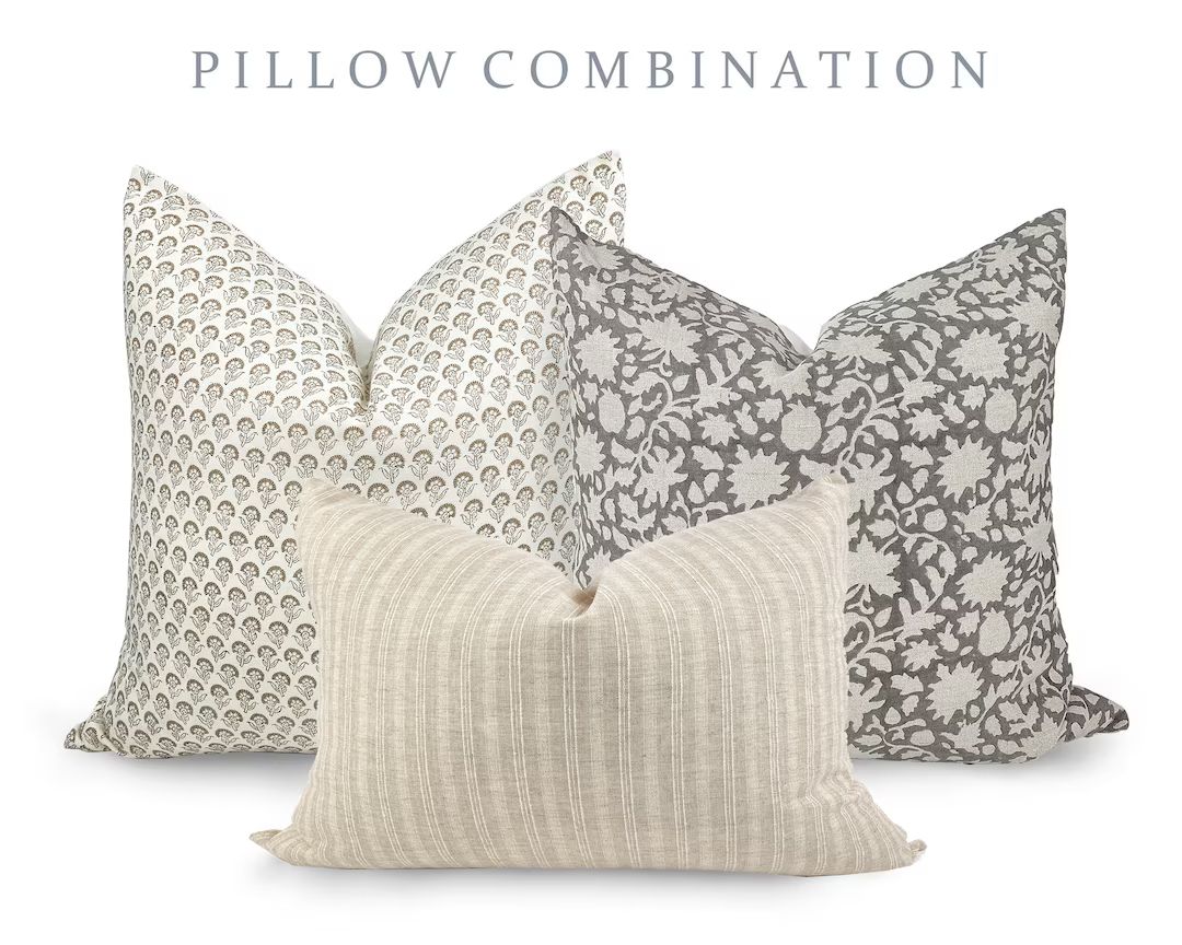PILLOW COMBO | Classic Neutrals, Floral Pillow, Grey Print Pillow, Stripe Pillow, Pillow Combinat... | Etsy (US)