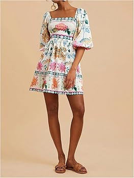 SOLY HUX Women's Floral Print Dress Square Neck Puff Sleeve A Line Short Boho Summer Dresses | Amazon (US)