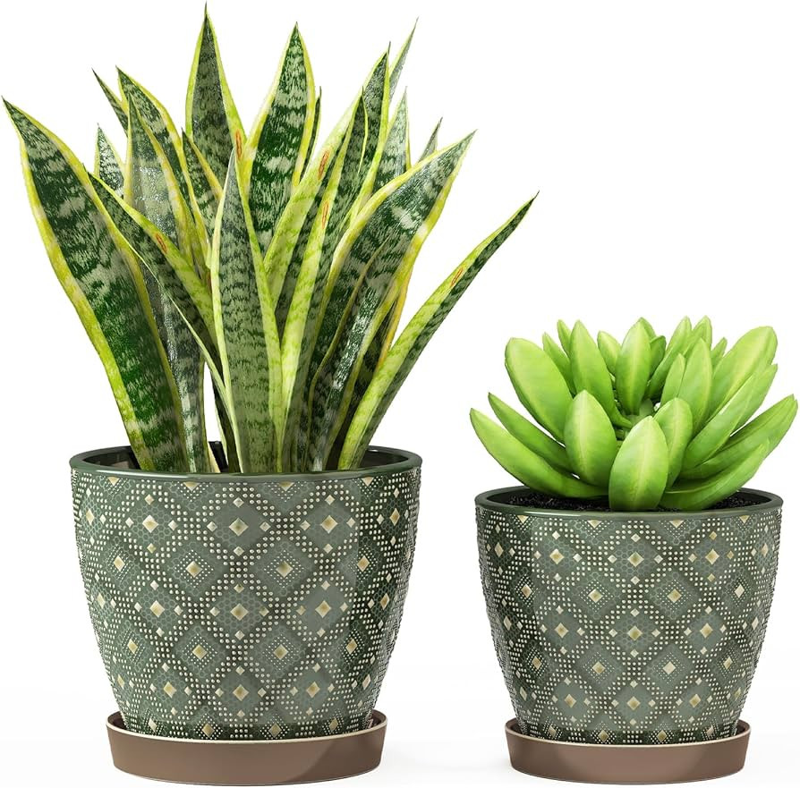 Docrin Dark Green Ceramic Planter Set - 6.6"+5.5" Indoor Outdoor Pots with Drainage Holes & Sauce... | Amazon (US)