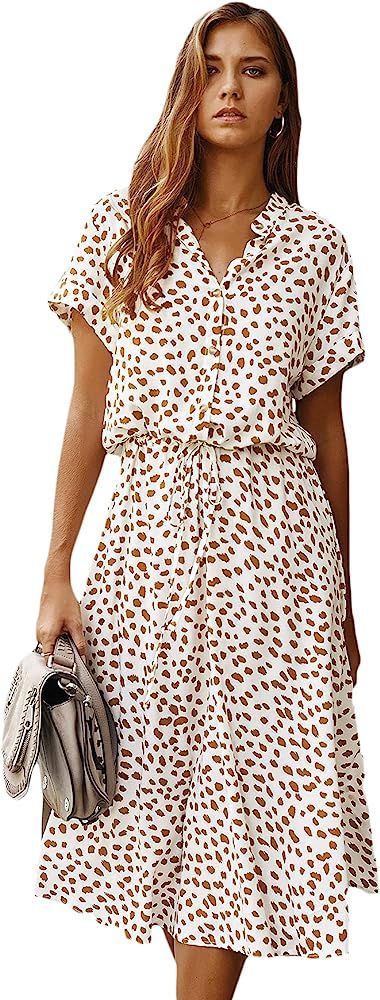 Milumia Women's Button Front Drawstring High Waist Short Sleeve A Line Midi Dress | Amazon (US)