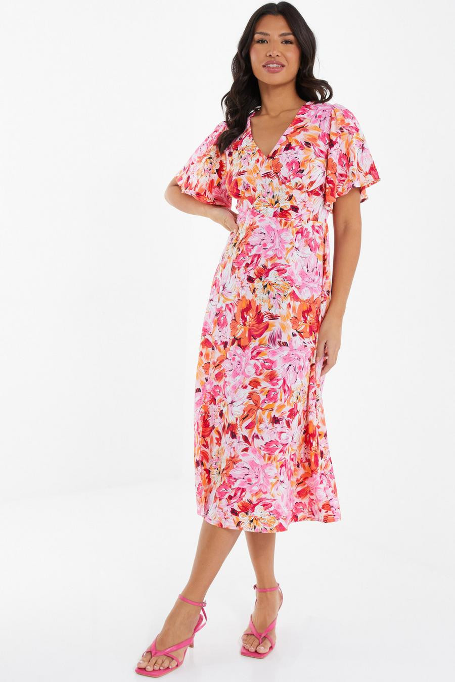 Pink Floral Wrap Midi Dress | Quiz Clothing (UK)