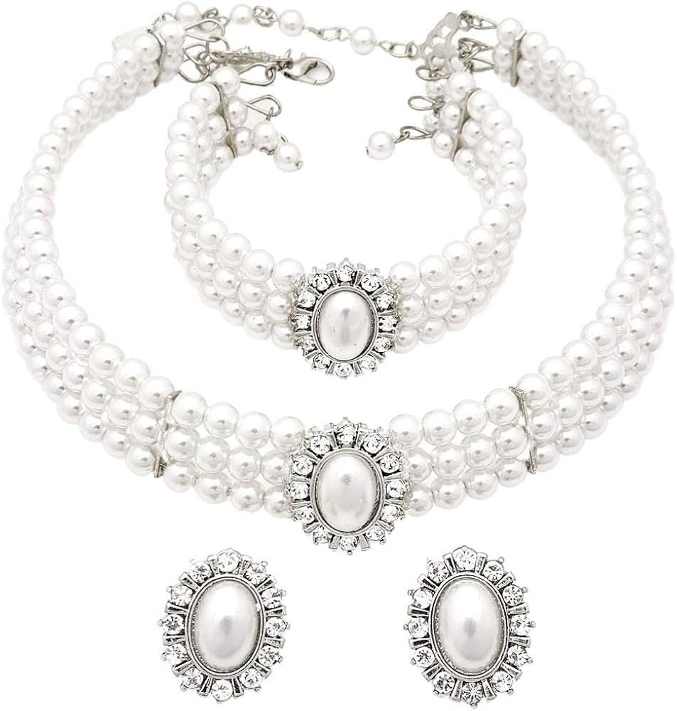 3 Rows Rhinestone Trimmed Simulated Pearl Choker Necklace, Bracelet, Pierced Earring 3 Set | Amazon (US)