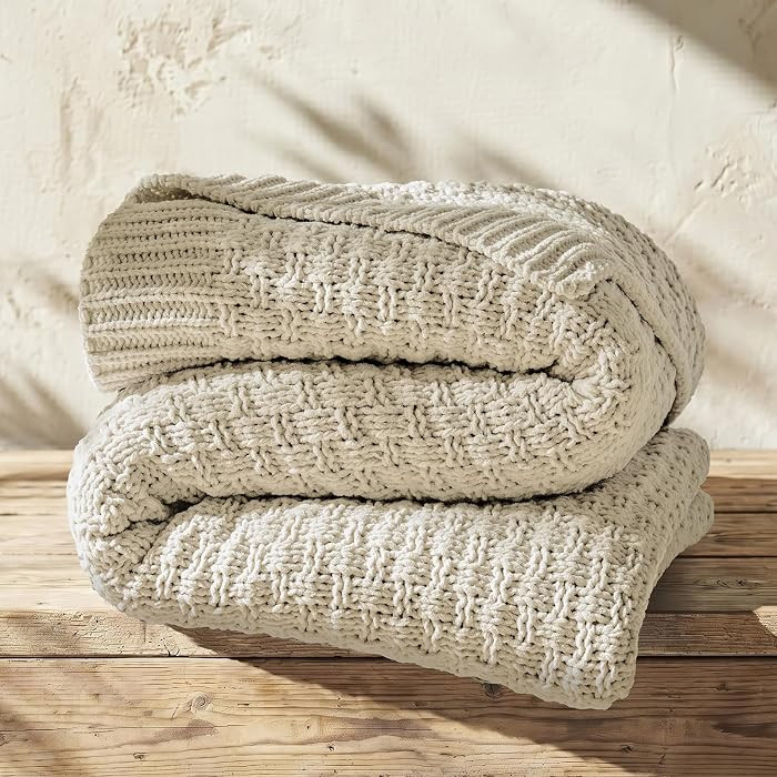 EVERGRACEHOME Chunky Chenille Knit Throw Blanket, Birch, 50" x 60" | Amazon (US)