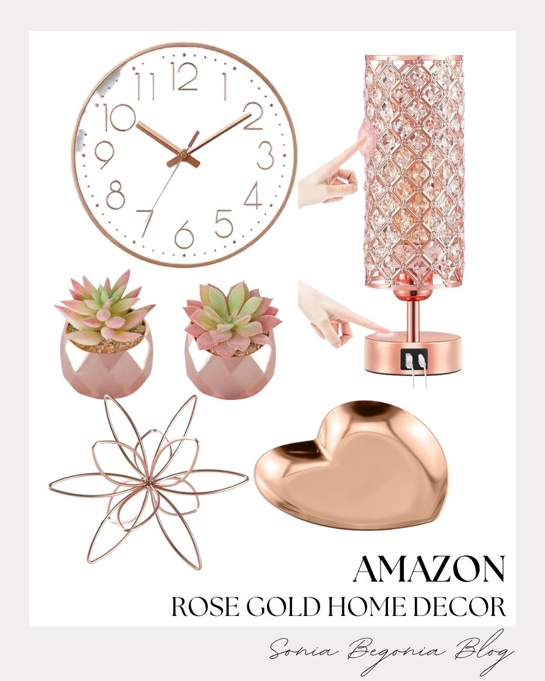 Add a touch of glam to your space with these chic rose gold home accents! I curated a stylish crystal touch-control lamp, a matching minimalist wall clock, and cute faux succulents in geometric pots.

Finished with a heart trinket dish and wire flower accent for the ultimate desk upgrade. 💖

#AmazonHome #RoseGoldDecor #HomeInspo #DeskOrganization #RoomDecor #LTKhome #AmazonFinds #DecorGoals

#LTKHome