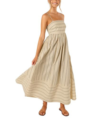 chouyatou Women's Striped Back Smocked Maxi Dress Sexy Spaghetti Strap Cut Out Flowy Swing Long Dress (Small, Apricot) | Amazon (US)