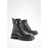 Womens Buckle Detail Chunky Hiker Boots - Black - 6, Black | Boohoo.com (UK & IE)