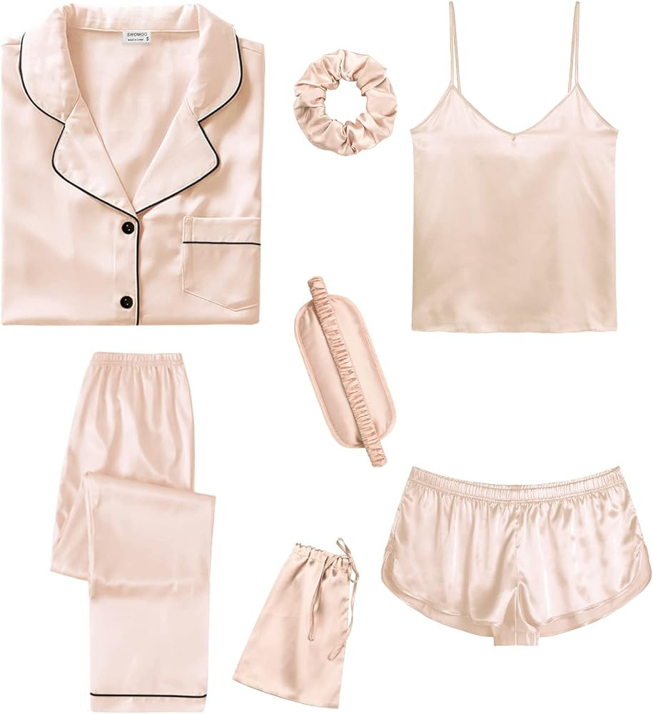 SWOMOG Womens 7pcs Silk Satin Pajamas Sets Short Sleeve Button Down Shirt Camisole Shorts Pjs Set... | Amazon (US)