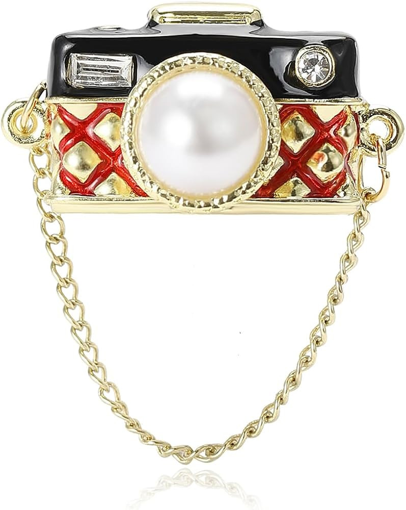 Camera Lapel Brooch Pin for Women Girls Gold Plated Chain Tassel Dangle Faux Pearl Rhinestone Pin... | Amazon (US)